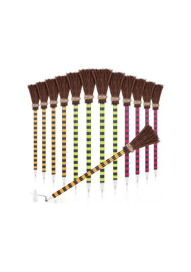 Passing Cadı Süpürgesi Şeklinde Renkli Yazma Kalemleri 12 Adet - Cadılar Bayramı Ve Partiler İçin