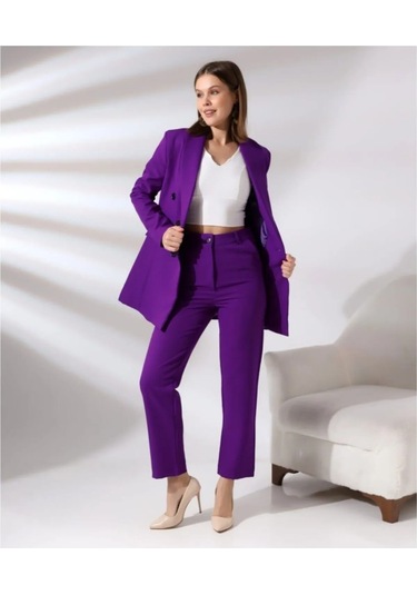 Kadın Kruvaze Blazer Ceket Pamuklu Atlak Kumaş Pantolon Takım Elbise Mor Mor