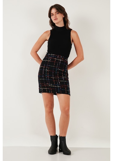 Lela Tüvit Desenli Slim Fit Yüksek Bel Mini Boy Bayan Etek 5866436 Siyah