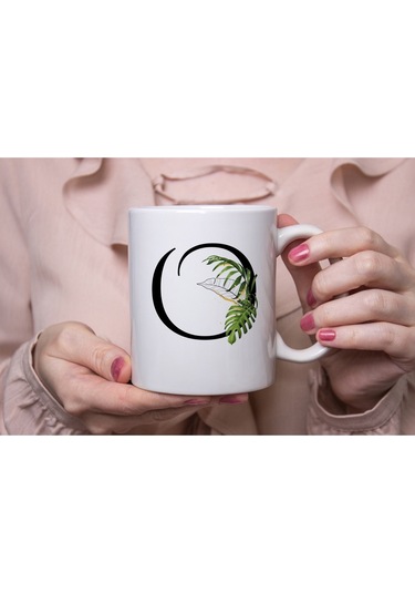 O Harf Zarif Yaprak Desenli Kupa Bardak - Naturel Sade Alfabe Harfli Bardak - Kişiye Özel Hediye Beyaz