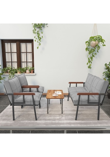 Mygusi Modern Balkon, Bahçe, Cafe - Metal Kanepe Koltuk Takımı - 2+1+1 Sehbalı Açikgri