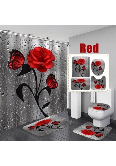 Kırmızı Çiçek Açan Çiçekler Gül Kelebek Duş Perdesi Seti Su Geçirmez Banyo Klozet Kapağı Banyo Kaymaz Mat Halı Halı Banyo Dekor 4 A Kırmızı