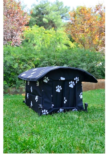 Yuga Pati Desenli Siyah Kedi Evi Isı Ve Yağmur Korumalı