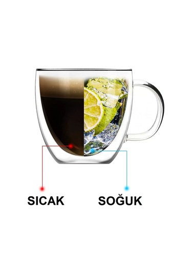 Çift Camlı Çift Cidarlı Cam Kupa 250 Ml Ev Ofis Fincanı Çift Katlı Isı Yalıtımlı Kulplu Cam Bardak