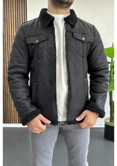 Erkek İçi Kürklü Suni Pul Deri Mont Siyah Edw120-siyah Siyah