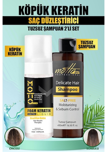 Motto Plus Professional Düzleştirici Köpük Keratin Botox Ve Tuzsuz Şampuan 2'li Saç Bakım Seti