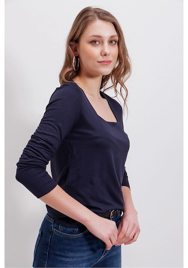 WeShaya Kadın Lacivert Günlük Stil Basic Kare Yaka Uzun Kol Bluz Lacivert