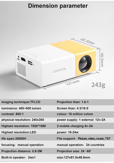 Vkemall Portatif Led Projeksiyon Cihazı, 400-600 Lumens Parlaklık, 24-60 İnç Ekran, Manuel Odaklama, 30000 Saat Ömür, Siyah-beyaz, Avrupa Standartı