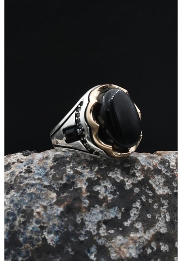 Oniks Taşlı Gümüş Yüzük 925 Ayar Zirkon Taş Süslemeli 902037 Gümüş