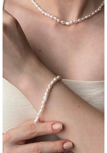 7,5 Mm Yassı Barok İnci Bileklik 20 Cm / Beyaz Beyaz Beyaz Altın