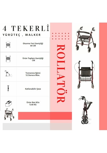 Medkimsan Rolatör | 4 Tekerli Yürüteç | 130 kg Taşıma Kapasiteli | Sepetli Lüx