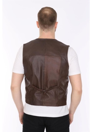 Hakiki Kuzu Derisi Kahverengi Classic Düğmeli Erkek Deri Yelek Kahverengi