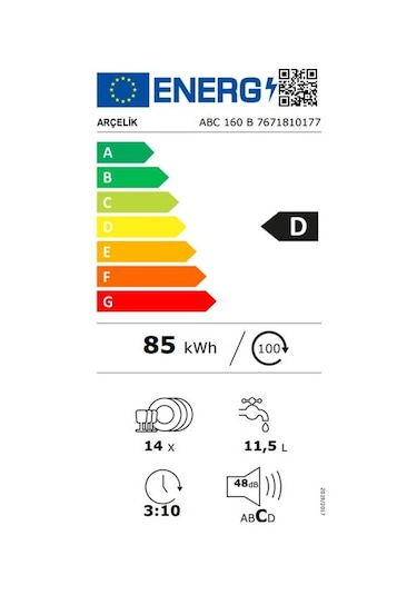 Arçelik ABC 160 B 6 Programlı 14 Kişilik Ankastre Bulaşık Makinesi