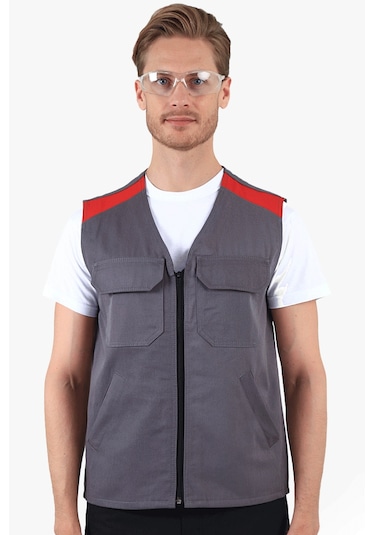 V Yakalı Yelek Gri - Kırmızı