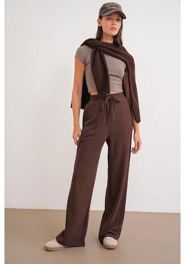 4757 Kadın Lastikli Bol Paça Örme Dökümlü Selanik Pantalon Kahve Kahve