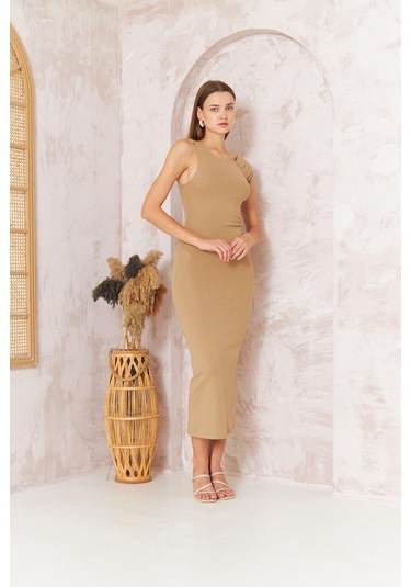 Kadın Kısa Kollu Tek Omuz Kaşkorse Bej Elbise Dm1051 Bej