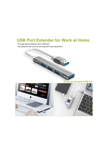 Usb Hub Çoklu Bağlantı Noktası Adaptörü, 4'ü 1 Arada Usb Bağlantı Noktası Ayırıcı, 5 Gbps Veri Aktarımı, Alüminyum Gümüş