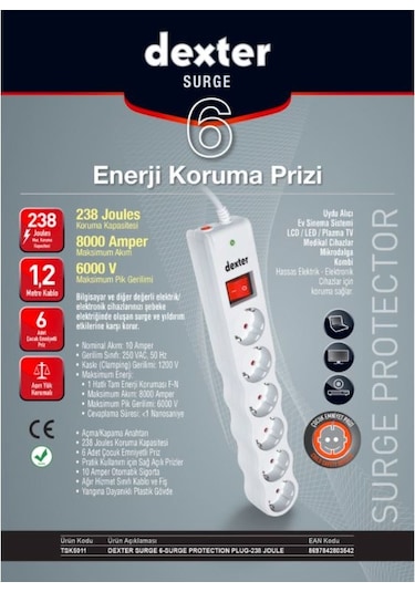 Dexter TSK5011 238J 6'lı Akım Korumalı Priz Beyaz