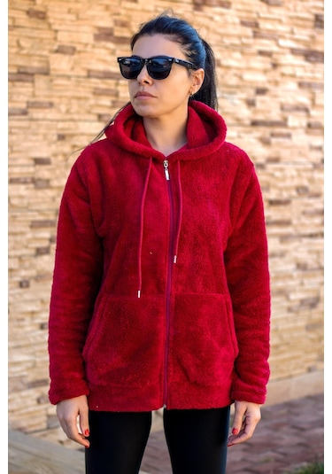 Kadın Kırmızı Peluş Yumoş Fermuarlı Kapüşonlu Cepli Welsoft Ceket 22kckteres 001
