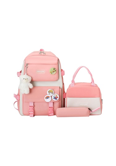 Yeiuyi Öğrenci Okul Çantası Öğle Yemeği Çantası Kalem Çantası Üç Parça Seti Pembe