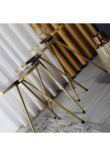 Zigon Sehpa 3'Lü Altın Metal Ayak Bendir Altın