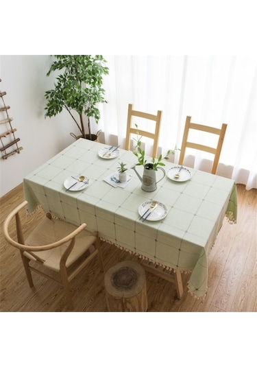 Kare Kafes İşlemeli Masa Örtüsü Saf Renk Pamuk Keten Püskül Dikdörtgen Sehpa Mat, Boyutu: 100x160cm Yeşil Yeşil Yeşil