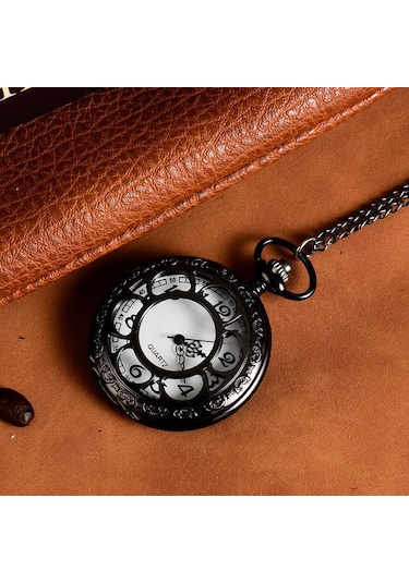 Valkyrie  Vintage Retro Roma Rakamlı İşlemeli Cep Köstekli Saat Siyah