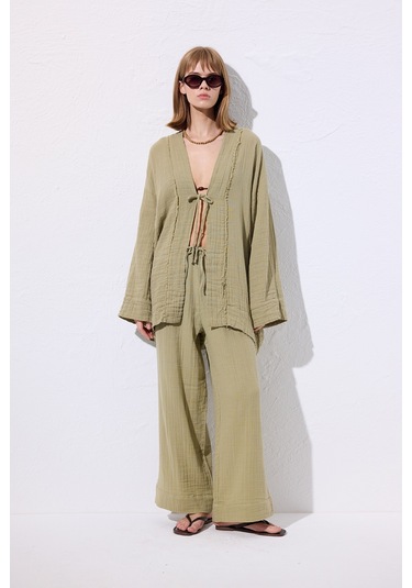 Müslin Geniş Kollu Kimono Adaçayı Adaçayı