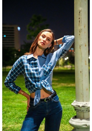 Kadın Ekoseli Düşük Omuzlu Gömlek Frn1114 Mavi