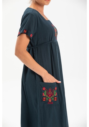 Kısa Kol Şile Bezi Melek Midi Boy Elbise Petrol Ptrl