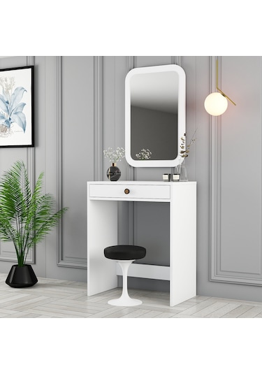 Lizbon Mini Makyaj Masası Aynalı - Beyaz / Beyaz