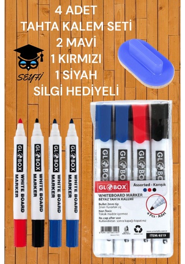 4 Adet Tahta Kalem Seti 2 Mavi 1 Kırmızı 1 Siyah Tahta Silgisi Çok Renkli