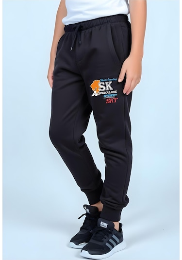 Sk Baskılı Erkek Çocuk Beli Lastik Detaylı Bağlamalı Eşofman Altı Siyah