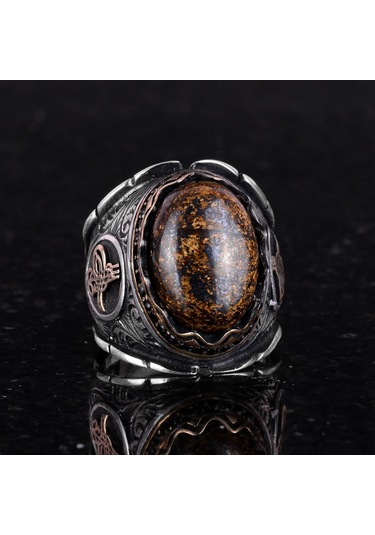 Gerçek Doğal Bronzit Taş Yüzük, 925 Ayar Katı Gümüş Erkek Yüzüğü, Osmanlı Tuğra Yüzüğü Gümüş