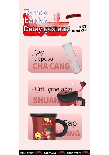 Aurora Nezha Sevimli Termos Bardağısu Bardağı Büyük Kapasiteli Öğrenci Kırmızı