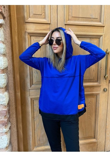 Modaserdem Kadın Kapşonlu Etek Ucu Detay Armalı Ters Dikiş Gorunumlu Ikili Takım Mavi