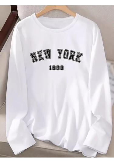 Kadın Uzun Kollu Bisiklet Yaka Yazı Baskılı Viskon Bluz Beyaz