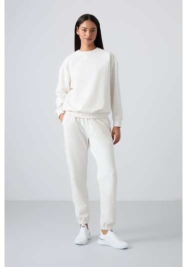 Tommy Life Ekru Basic Pamuklu O Yaka Oversize Lastik Paça Kadın Eşofman Takım - 95287 Ekru