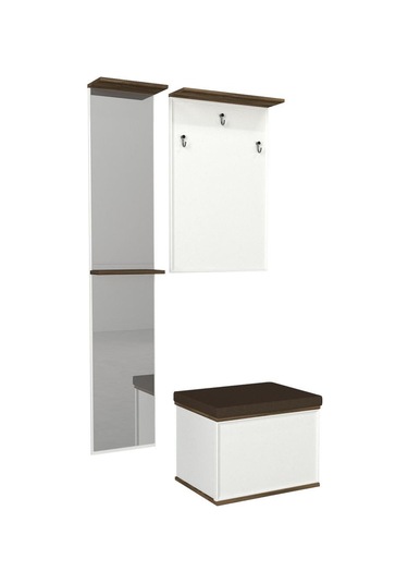 Dekorister Lonya Aynalı Sandıklı Puflu Portmanto Beyaz-Ceviz