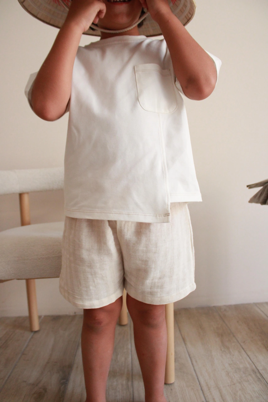 Bej Kontrast Dikişli Asimetrik Şortlu Takım Bej