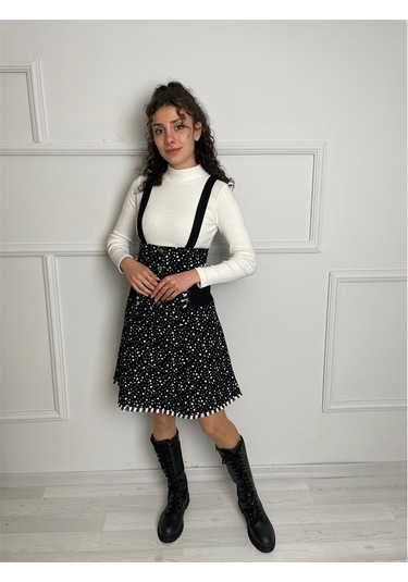 Salopet Pazen Kısa Etek Çıtır Desen Beyaz Byz