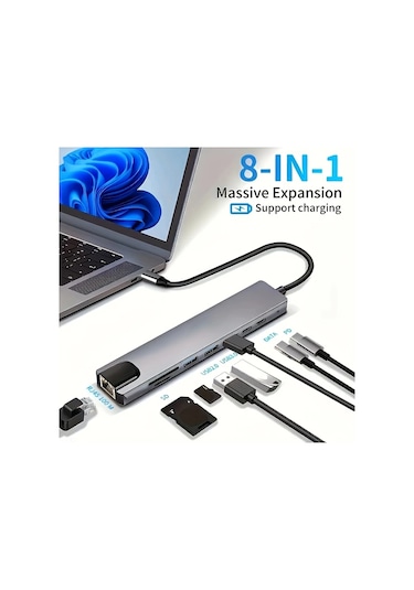 Honeybeeshop Macbook Uyumlu Ve Windows Dizüstü Bilgisayarlar İçin 8i 1 Arada Usb C Tipi 100m Rj45 Sd Tf Kart Okuyucu 4k Hdtv Adaptörü Hızlı Şarj Özellikli
