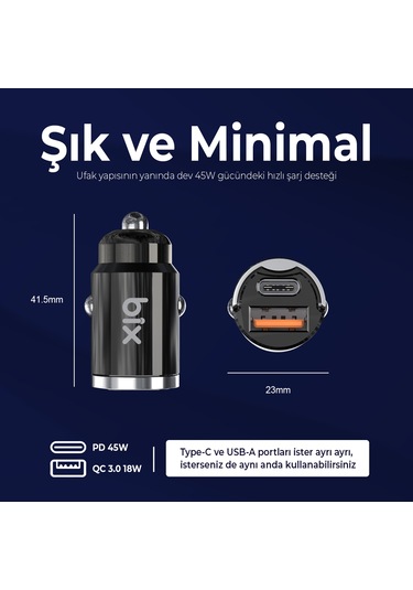 Bix Bxccp45w 45w Type-c Usb-a Çift Çıkışlı Metal Araç Şarj Cihazı