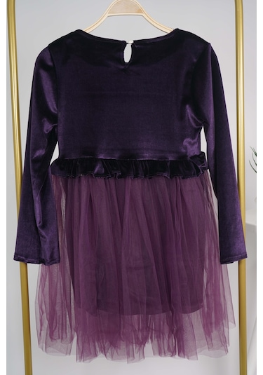 Kız Çocuk Yılbaşı Temalı Eteği Tül Astarlı Tokalı Kadife Uzun Kol Elbise Mor