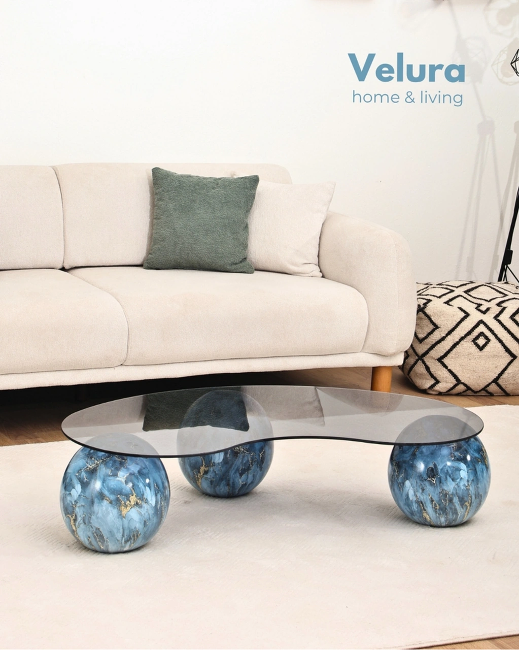 Modern Orta Sehpa & Küre Sehpa & Top Sehpa & Füme Fasulye Cam & Sky Mavi