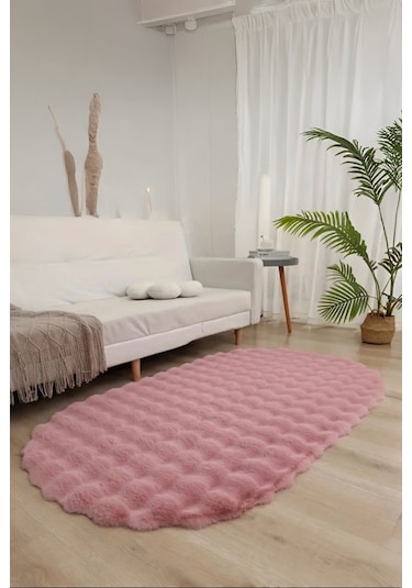 Bubble Oval Yumuşak Peluş Kaymaz Salon Oturma Odası Balkon Halısı Yolluk Pembe