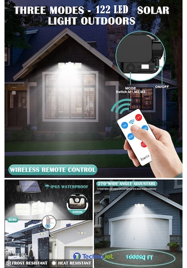 Technojet 122 Ledli Solar Güneş Enerjili Kumandalı Hareket Sensörlü Bahçe Aydınlatma Sokak Lambası Çok Renkli