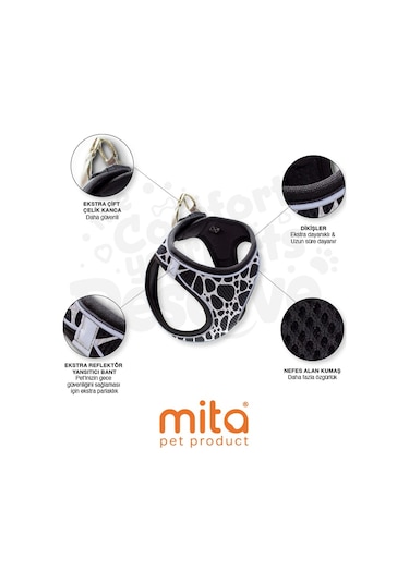 Mita Air Mesh Kedi Köpek Göğüs Tasması Çift Reflektörlü, Terletmeyen Dalmaçyalı Beyaz - Siyah