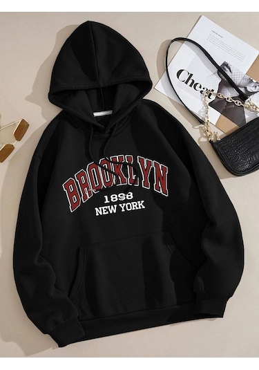 Clayes Brooklyn New York Sweatshirt - Siyah Baskılı Oversize Kapüşonlu Siyah