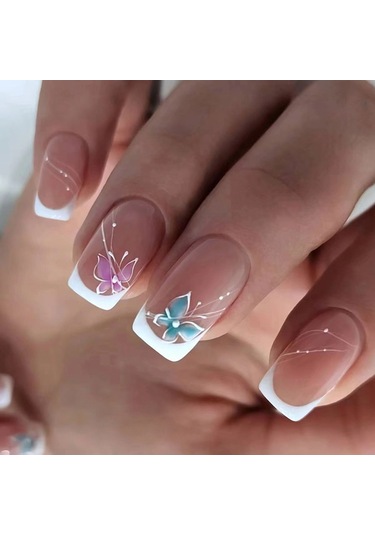 Kısa Parlak Fransız Düzensiz Takma Tırnak Çizgileri Mavi Ve Mor Kelebek Takma Tırnak 24 Parça Set Dahil Aletler Ys034